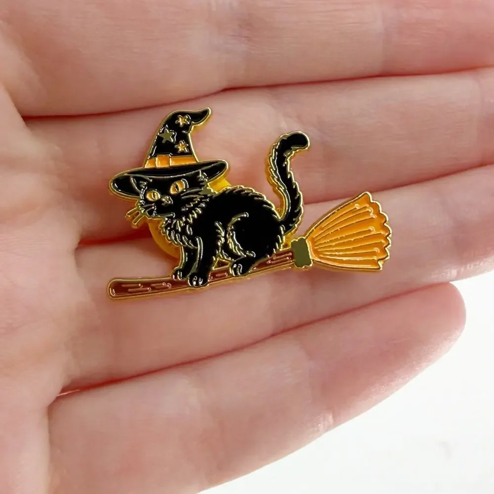 Black Cat Witch Enamel Pin Broomstick Witchy Halloween Spooky Soft Enamel